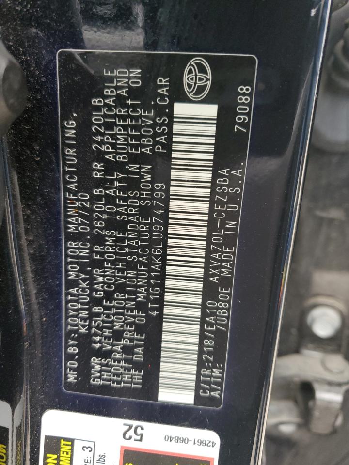 2020 Toyota Camry VIN 4T1G11AK6LU974799 Copart auction photo, rear end / minor dent/scratches damage thumbnail 12