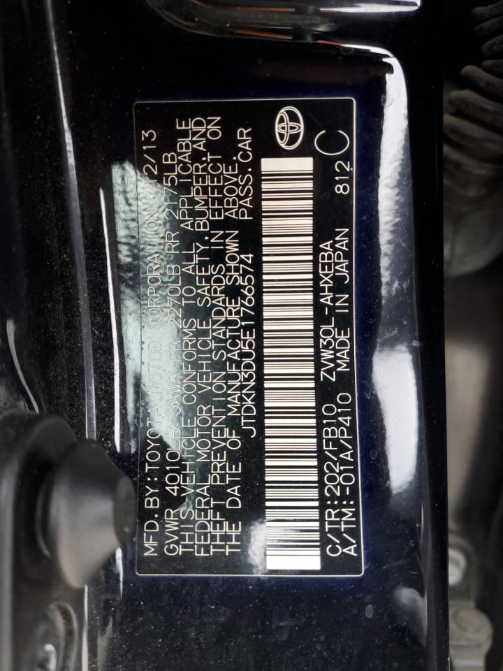 2014 Toyota Prius VIN JTDKN3DU5E1766574 Copart auction photo, rear end / minor dent/scratches damage thumbnail 12