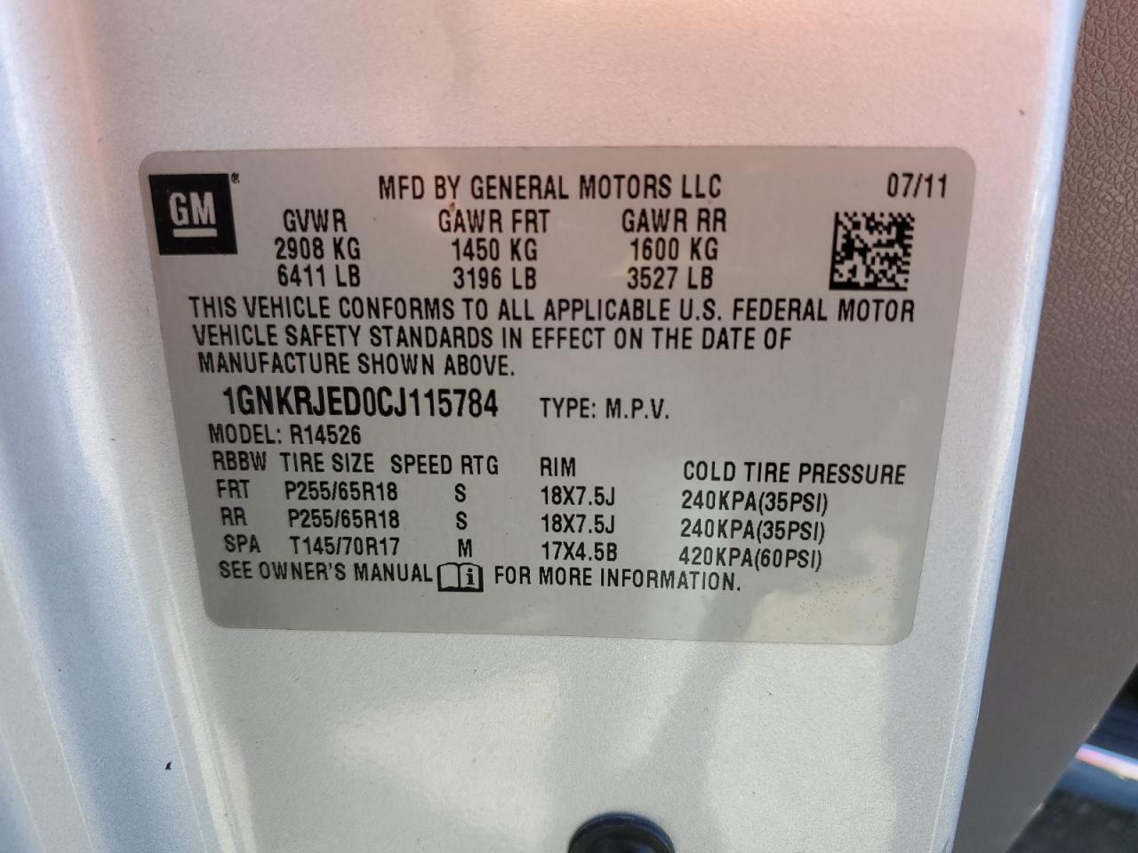 2012 Chevrolet Traverse VIN 1GNKRJED0CJ115784 Copart auction photo, front end damage thumbnail 13
