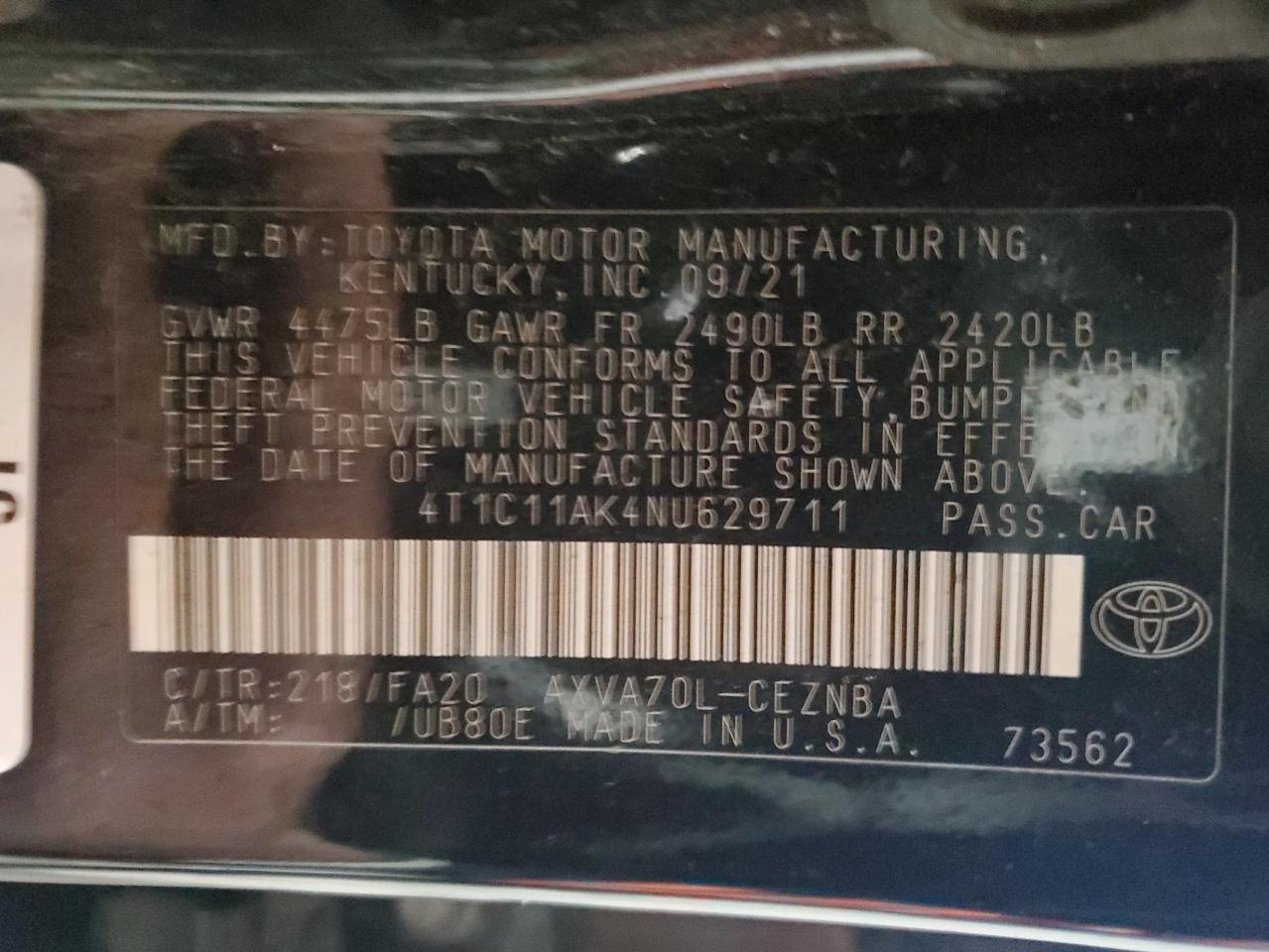 2022 Toyota Camry VIN 4T1C11AK4NU629711 Copart auction photo, front end / rear end damage thumbnail 13