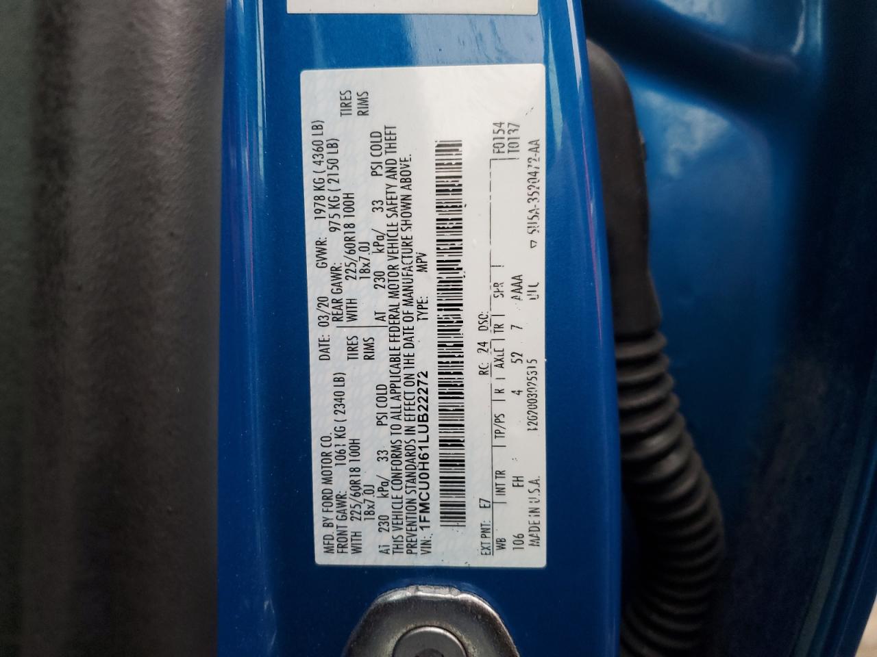 2020 Ford Escape VIN 1FMCU0H61LUB22272 Copart auction photo, front end / minor dent/scratches damage thumbnail 14