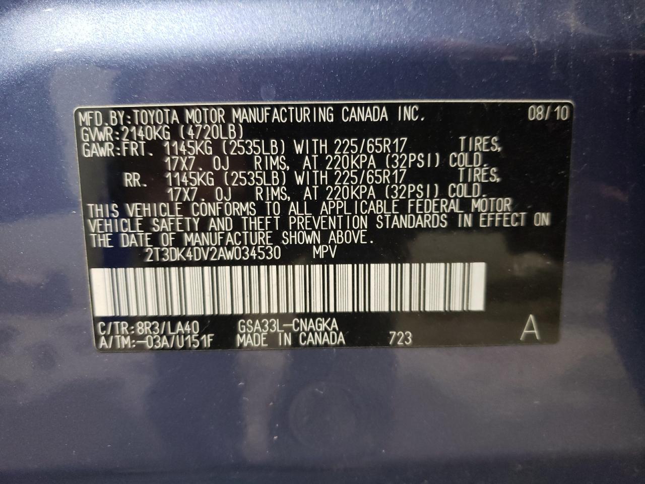 2010 Toyota RAV 4 VIN 2T3DK4DV2AW034530 Copart auction photo, front end / side damage thumbnail 13
