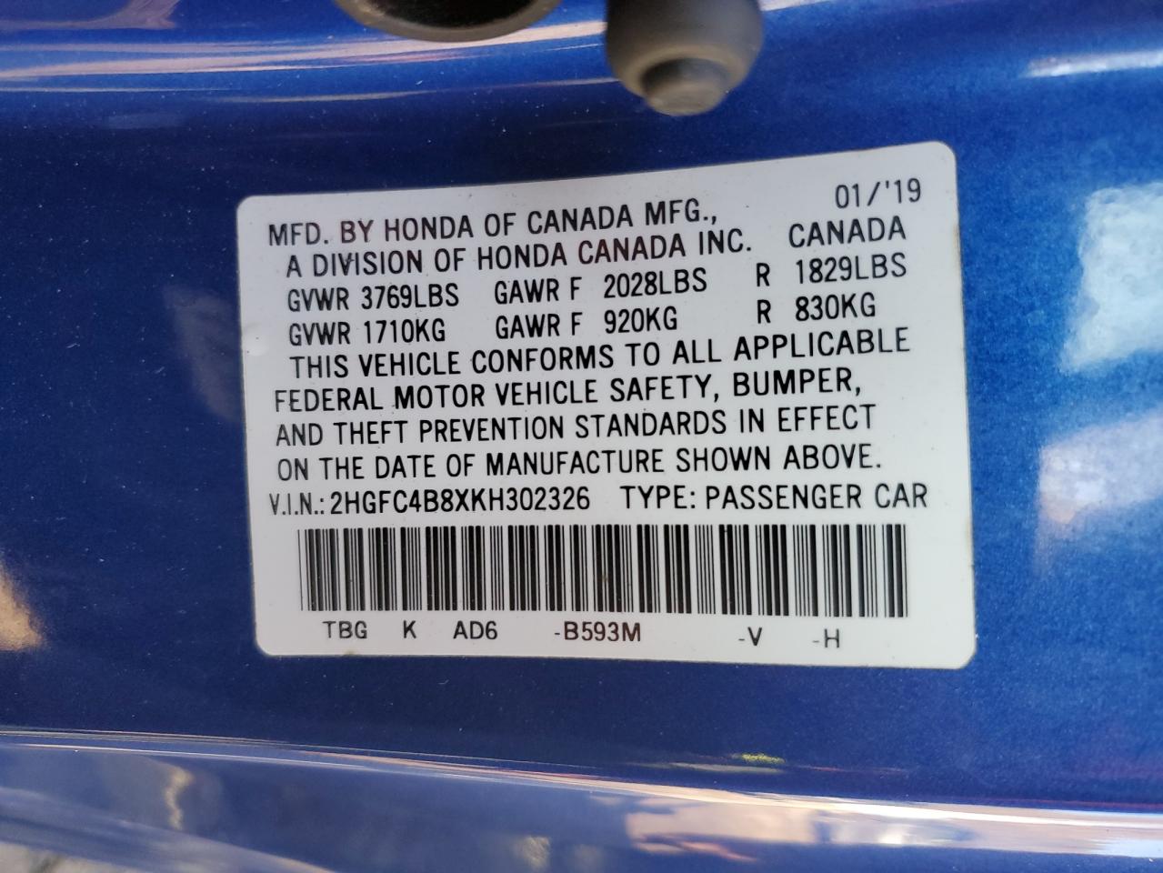 2019 Honda Civic VIN 2HGFC4B8XKH302326 Copart auction photo, all over damage thumbnail 13