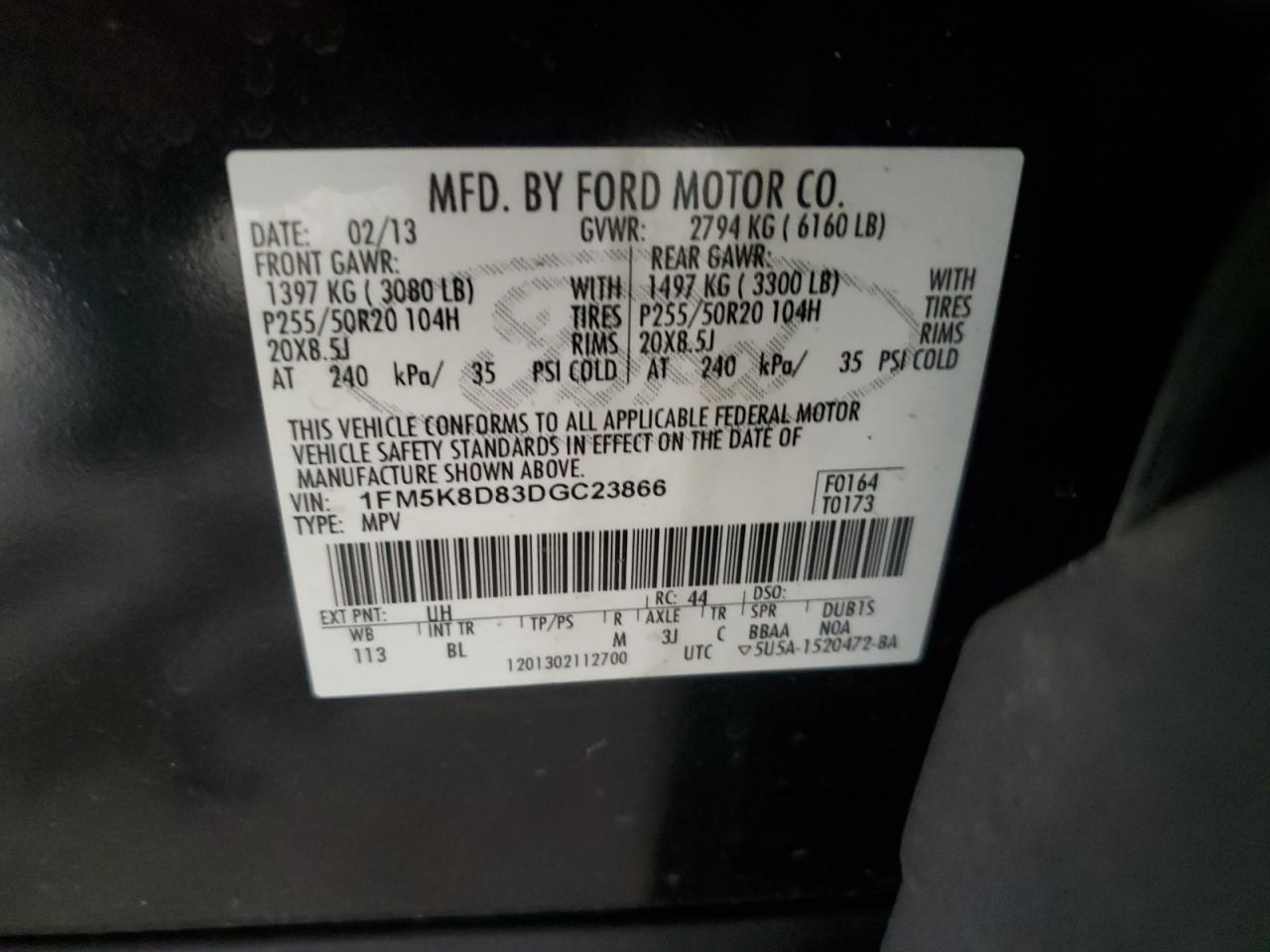 2013 Ford Explorer VIN 1FM5K8D83DGC23866 Copart auction photo, rear end damage thumbnail 13
