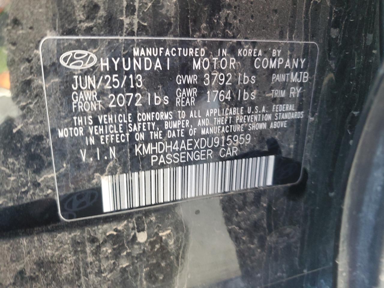 2013 Hyundai Elantra VIN KMHDH4AEXDU915959 Copart auction photo, rear end damage thumbnail 12