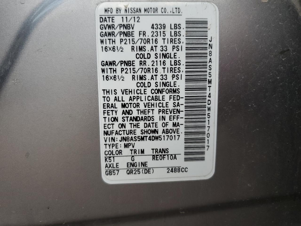 2013 Nissan Rogue VIN JN8AS5MT4DW517017 Copart auction photo, all over damage thumbnail 15