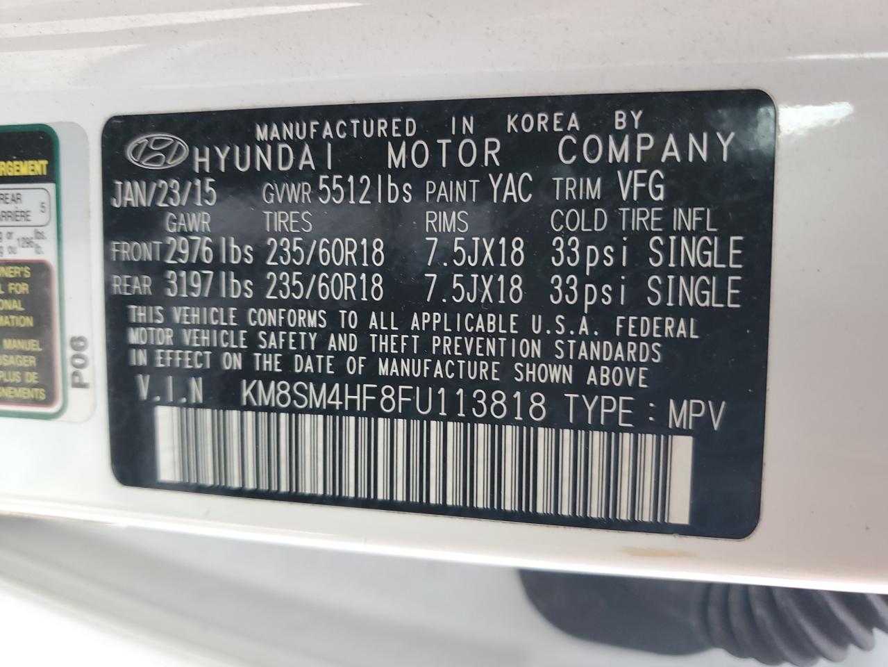 2015 Hyundai Santa Fe VIN KM8SM4HF8FU113818 Copart auction photo, front end damage thumbnail 12