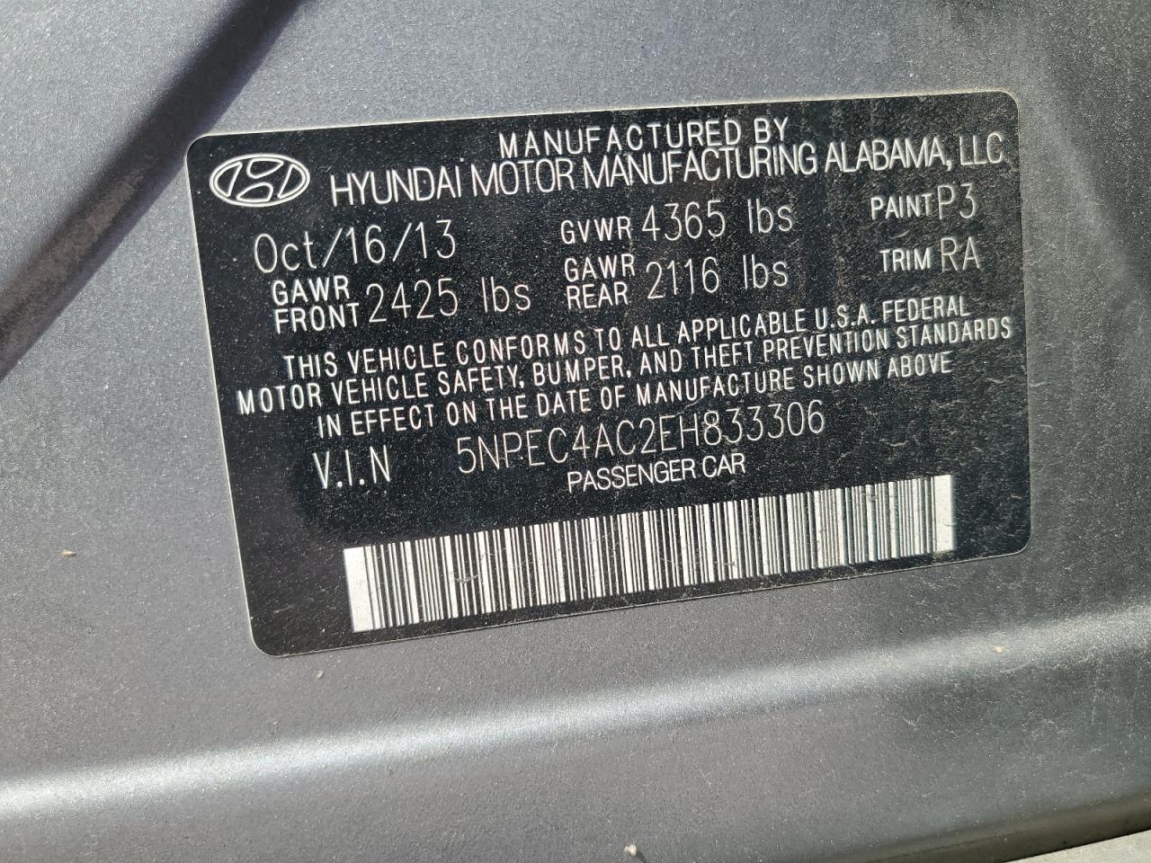 2014 Hyundai Sonata VIN 5NPEC4AC2EH833306 Copart auction photo, rear end damage thumbnail 13
