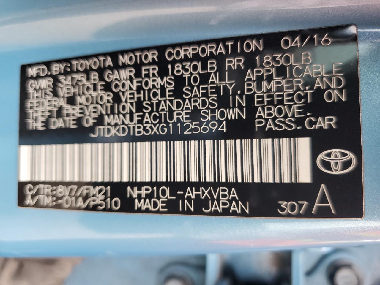 2016 Toyota Prius VIN JTDKDTB3XG1125694 Copart auction photo, front end damage thumbnail 13