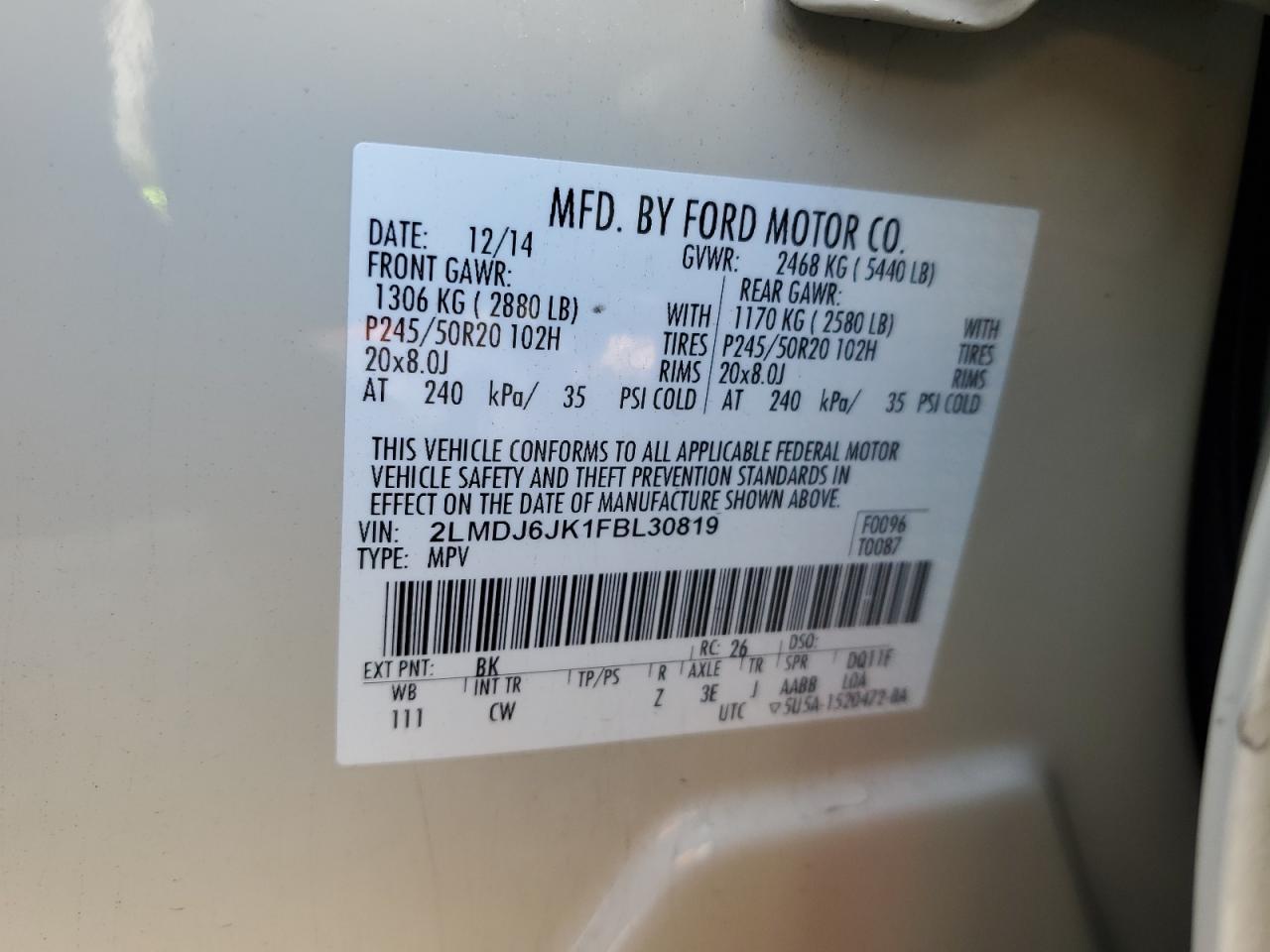 2015 Lincoln MKX VIN 2LMDJ6JK1FBL30819 Copart auction photo, side damage thumbnail 13
