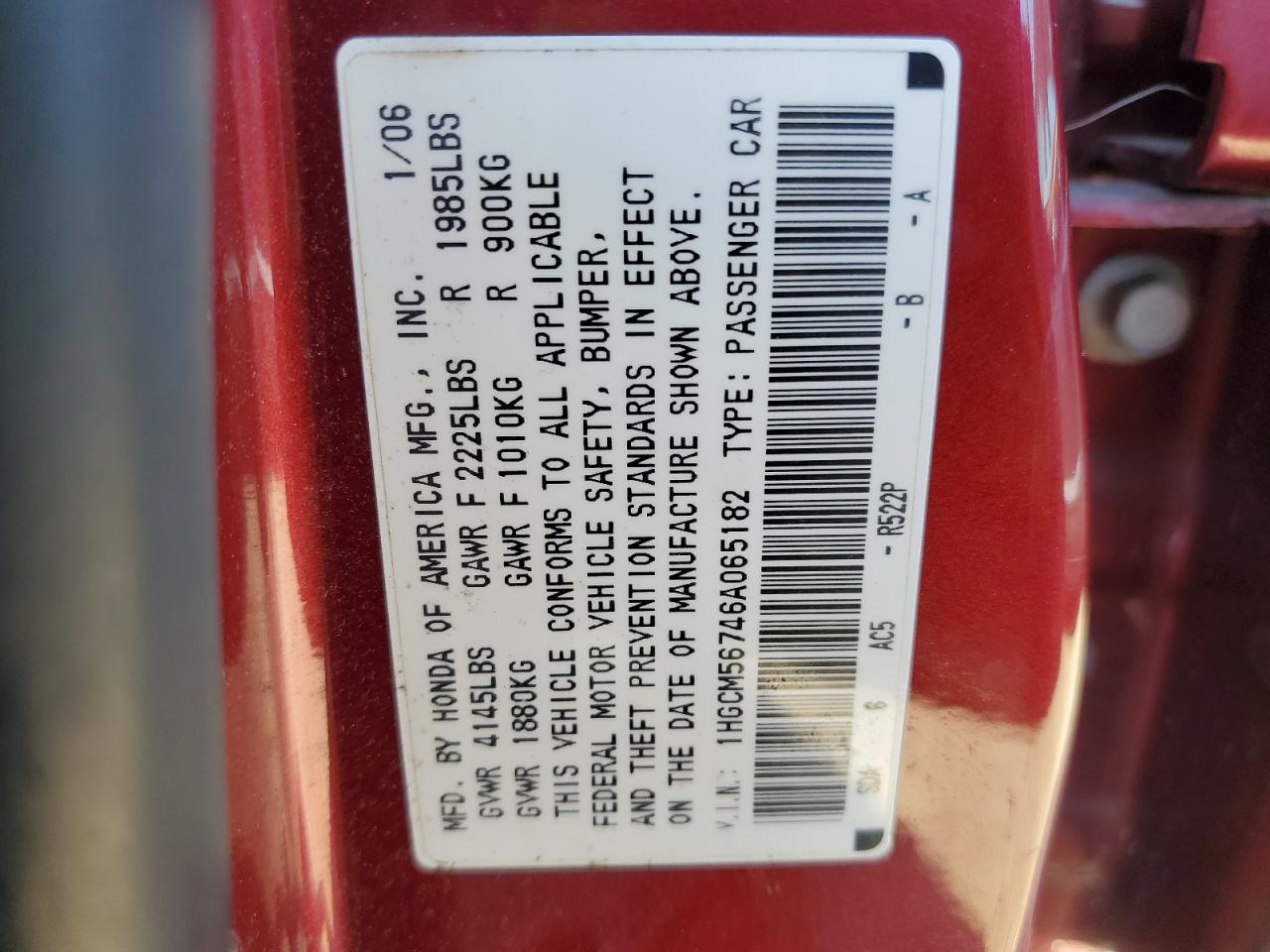 2006 Honda Accord VIN 1HGCM56746A065182 Copart auction photo, front end damage thumbnail 12