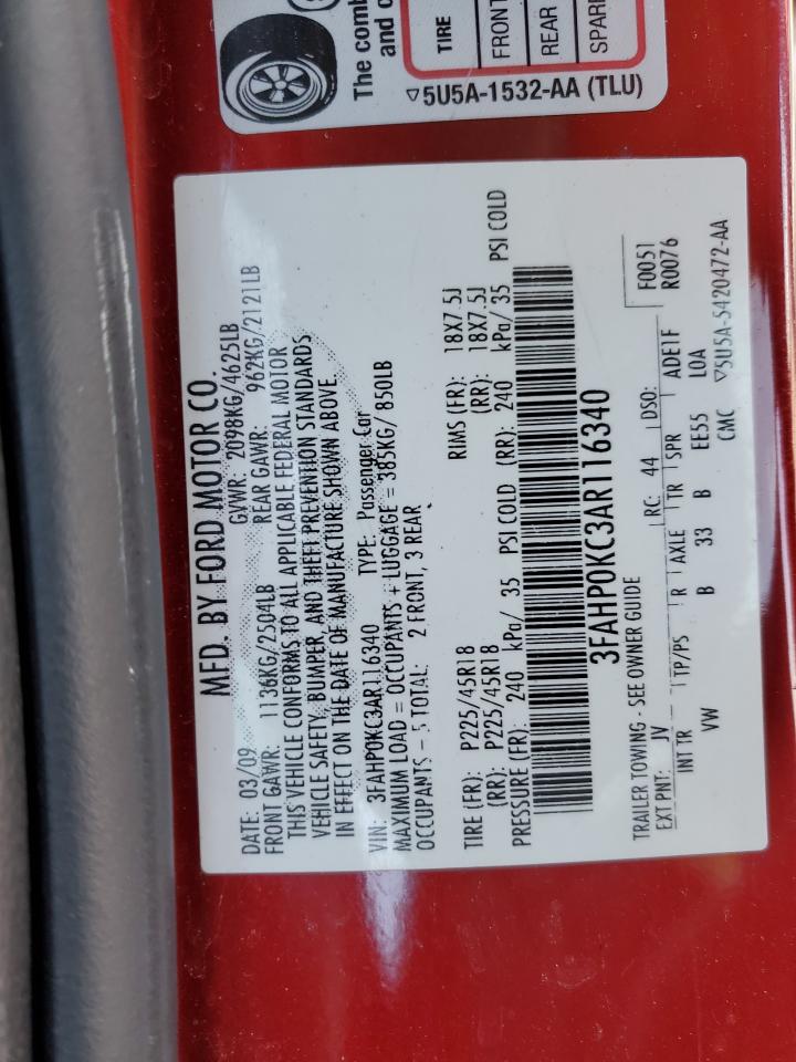 2010 Ford Fusion VIN 3FAHP0KC3AR116340 Copart auction photo, rear end damage thumbnail 12