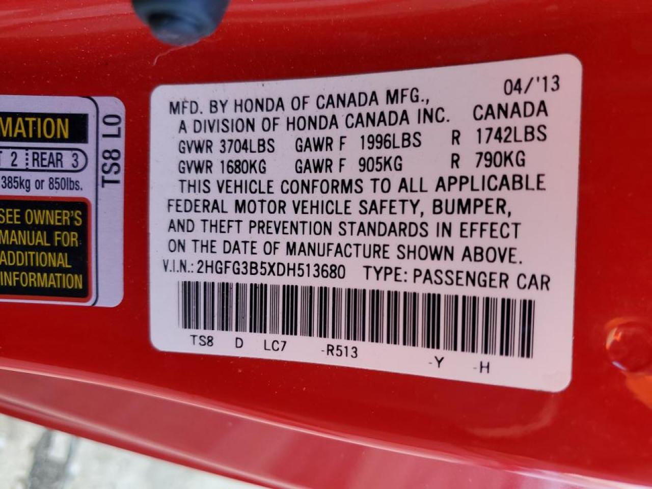 2013 Honda Civic VIN 2HGFG3B5XDH513680 Copart auction photo, front end / minor dent/scratches damage thumbnail 12