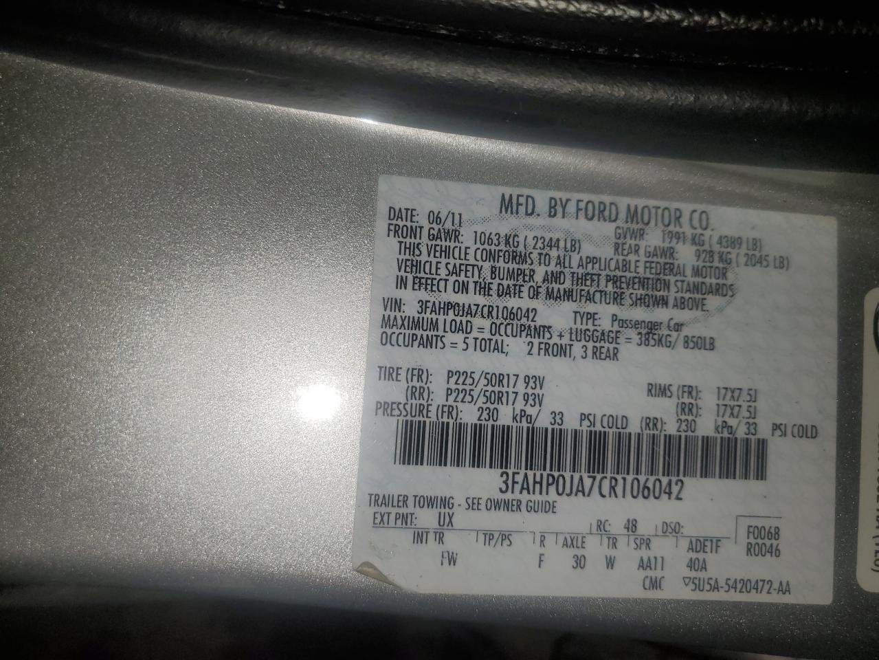 2012 Ford Fusion VIN 3FAHP0JA7CR106042 Copart auction photo, front end / minor dent/scratches damage thumbnail 14