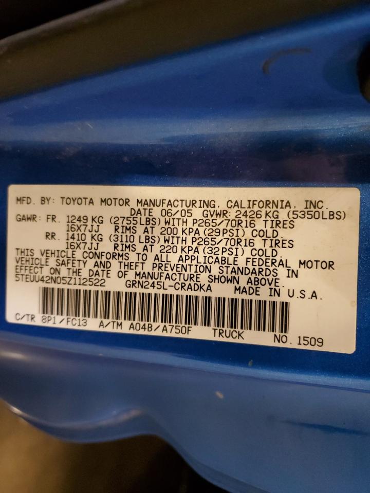 2005 Toyota Tacoma VIN 5TEUU42N05Z112522 Copart auction photo, all over damage thumbnail 12