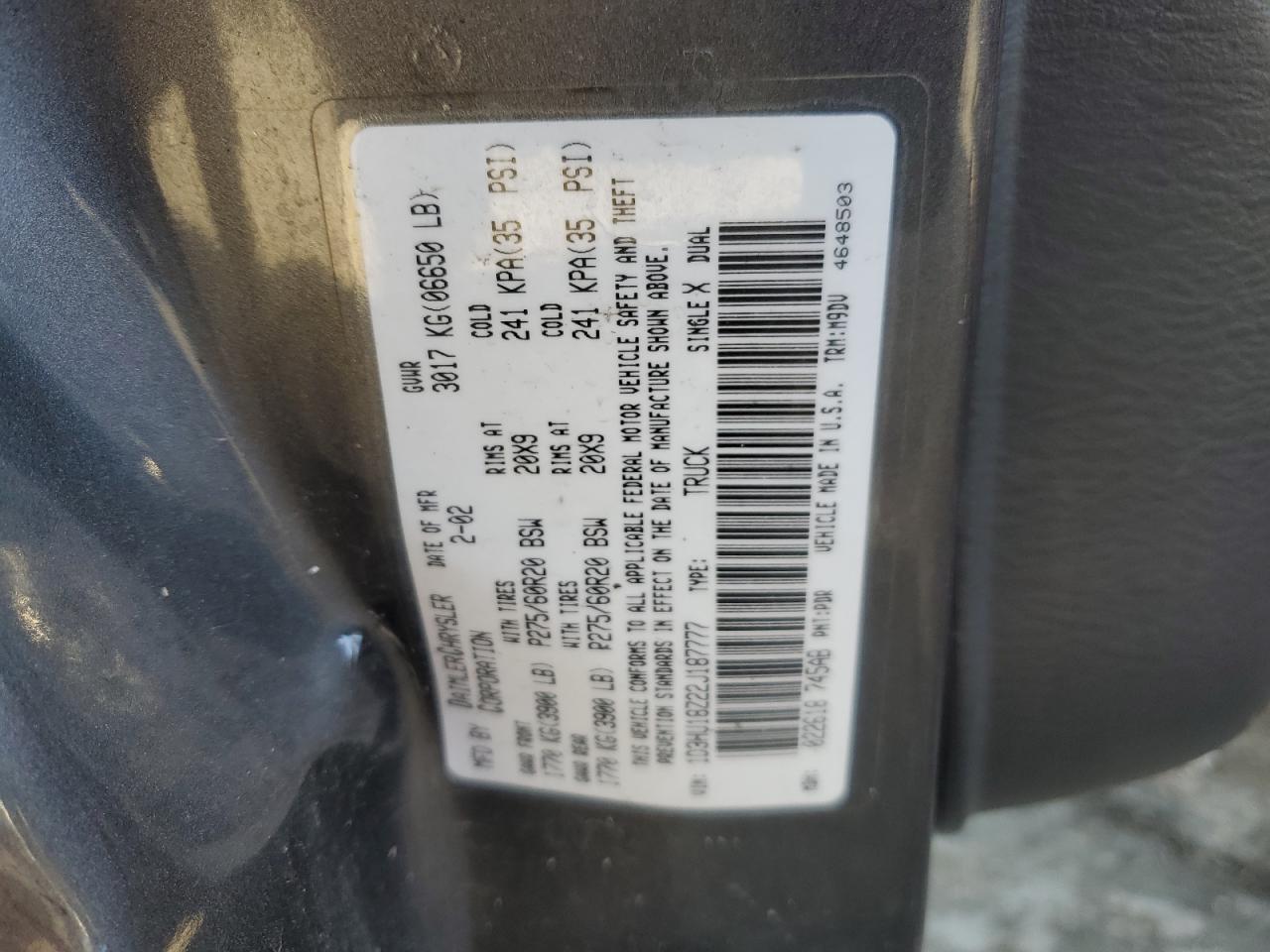 2002 Dodge RAM VIN 1D3HU18Z22J187777 Copart auction photo, all over / vandalism damage thumbnail 12