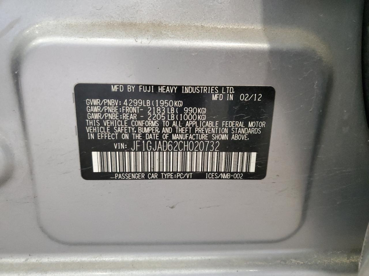2012 Subaru Impreza VIN JF1GJAD62CH020732 Copart auction photo, mechanical damage thumbnail 12