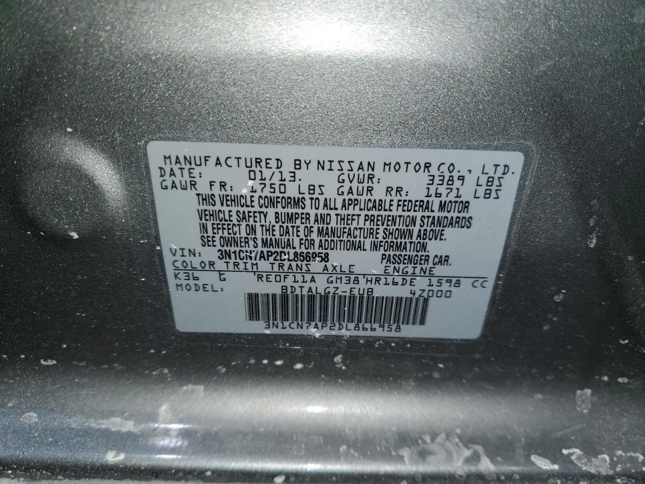 2013 Nissan Versa VIN 3N1CN7AP2DL866958 Copart auction photo, rear end damage thumbnail 14