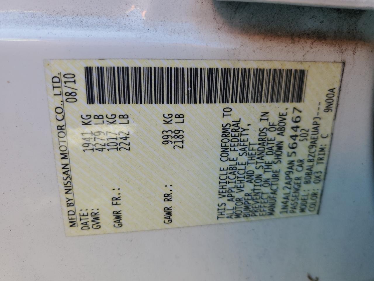 2010 Nissan Altima VIN 1N4AL2AP9AN564467 Copart auction photo, rear end / front end damage thumbnail 13