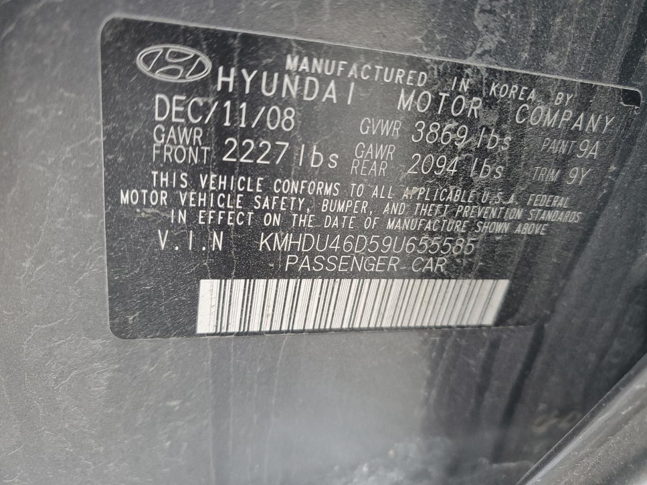 2009 Hyundai Elantra VIN KMHDU46D59U655585 Copart auction photo, side / all over damage thumbnail 14