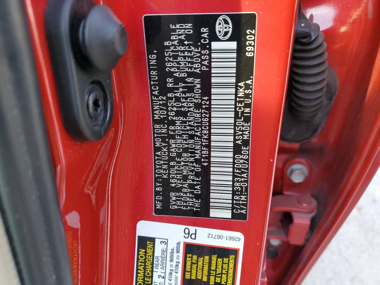 2012 Toyota Camry VIN 4T1BF1FK8CU627124 Copart auction photo, all over damage thumbnail 14