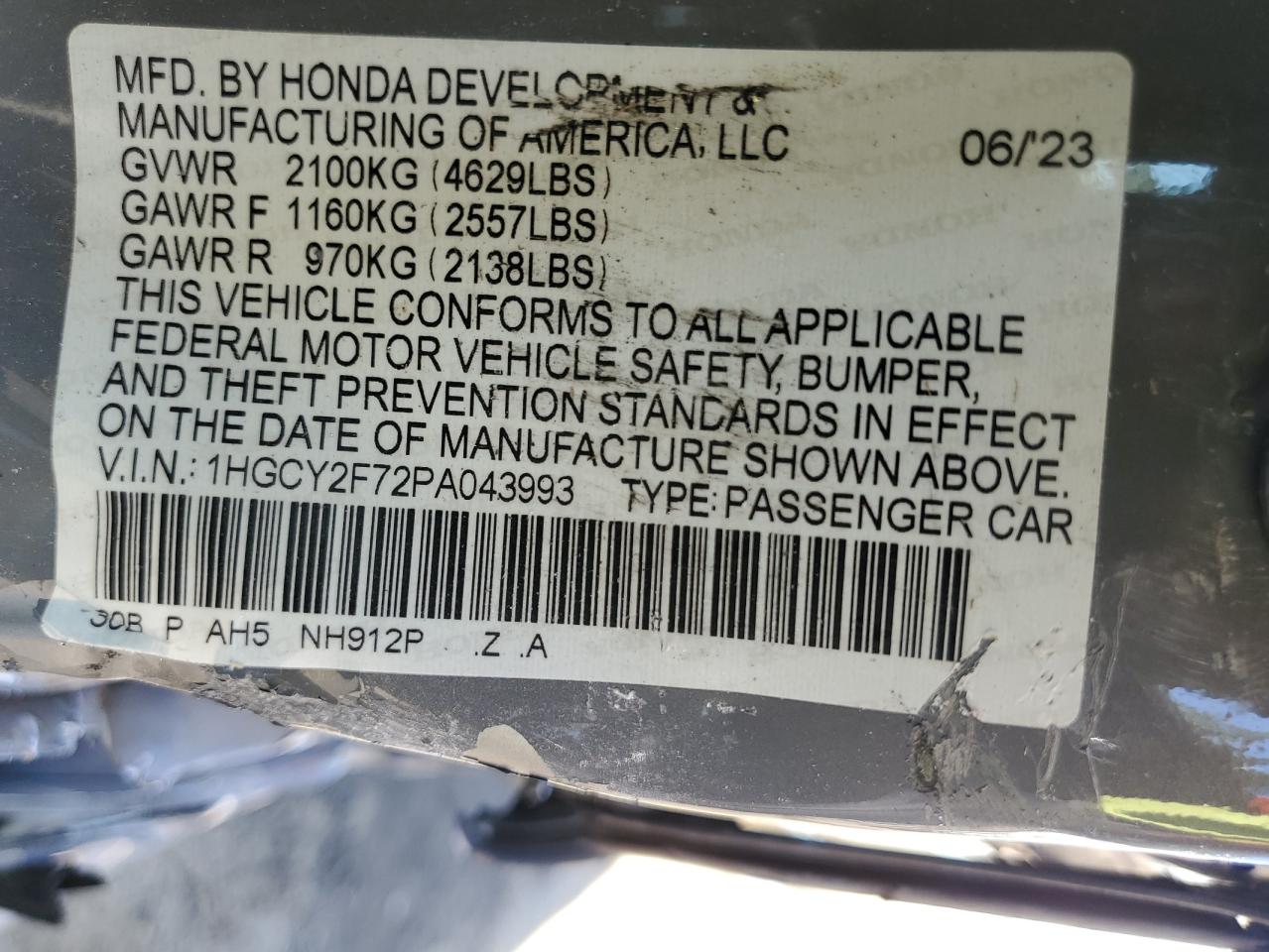 2023 Honda Accord VIN 1HGCY2F72PA043993 Copart auction photo, all over damage thumbnail 12
