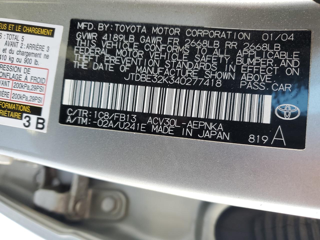 2004 Toyota Camry VIN JTDBE32K340277418 Copart auction photo, rear end / side damage thumbnail 12
