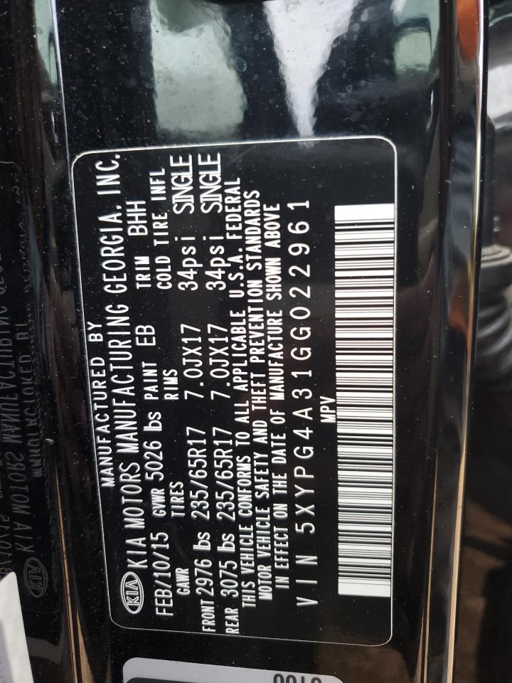 2016 KIA Sorento VIN 5XYPG4A31GG022961 Copart auction photo, front end / rear end damage thumbnail 14