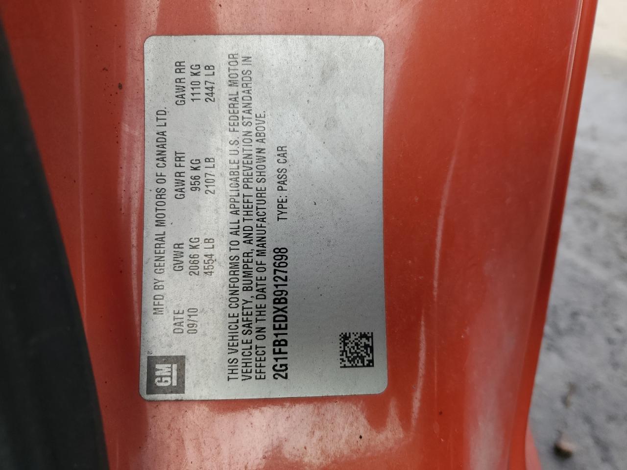 2011 Chevrolet Camaro VIN 2G1FB1EDXB9127698 Copart auction photo, front end damage thumbnail 12