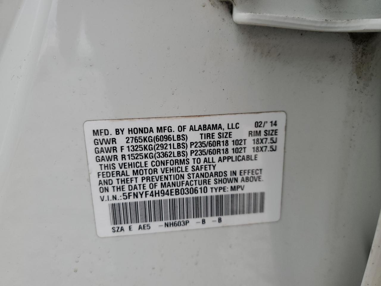 2014 Honda Pilot VIN 5FNYF4H94EB030610 Copart auction photo, all over damage thumbnail 13