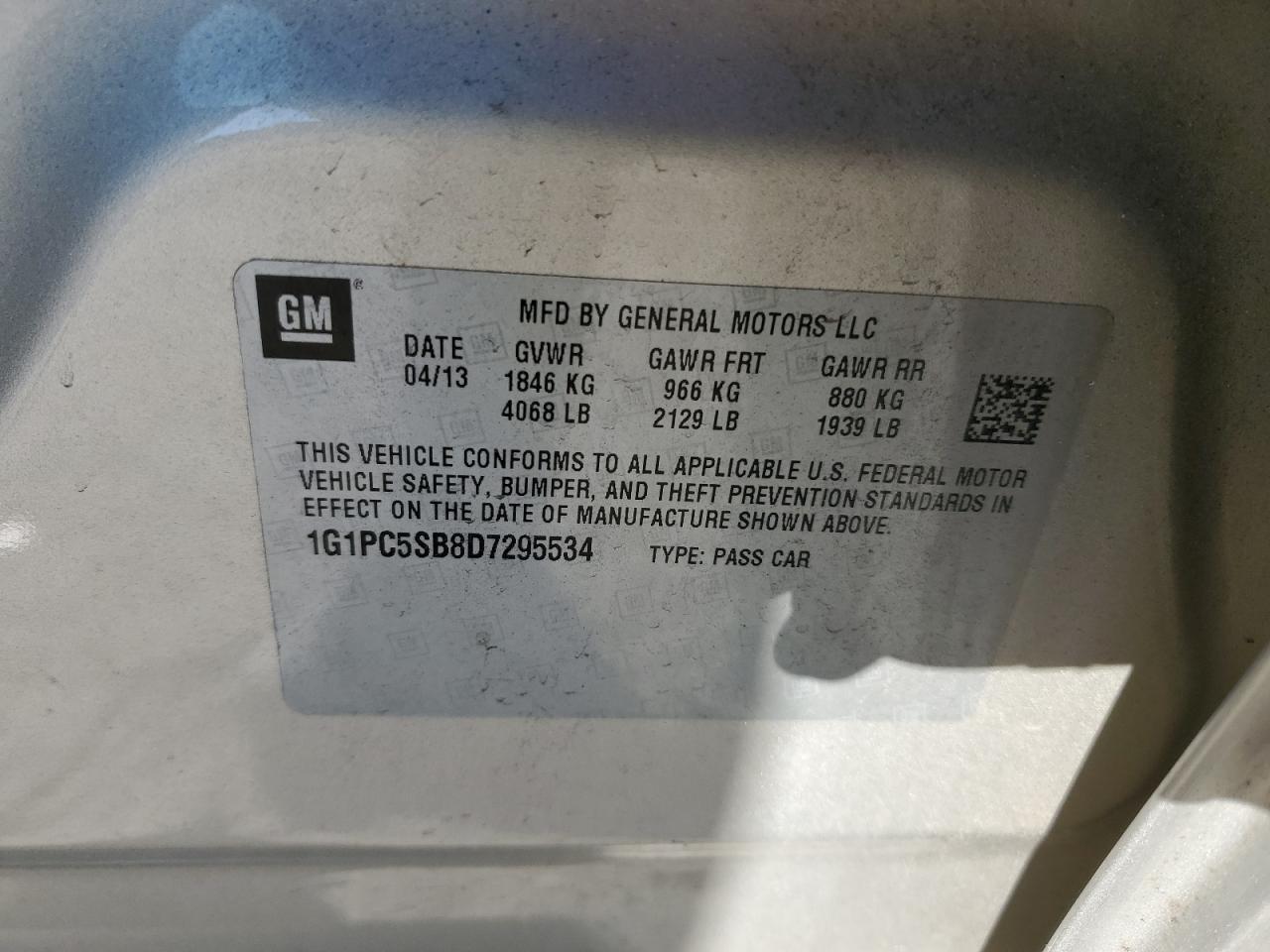 2013 Chevrolet Cruze VIN 1G1PC5SB8D7295534 Copart auction photo, front end / side damage thumbnail 13