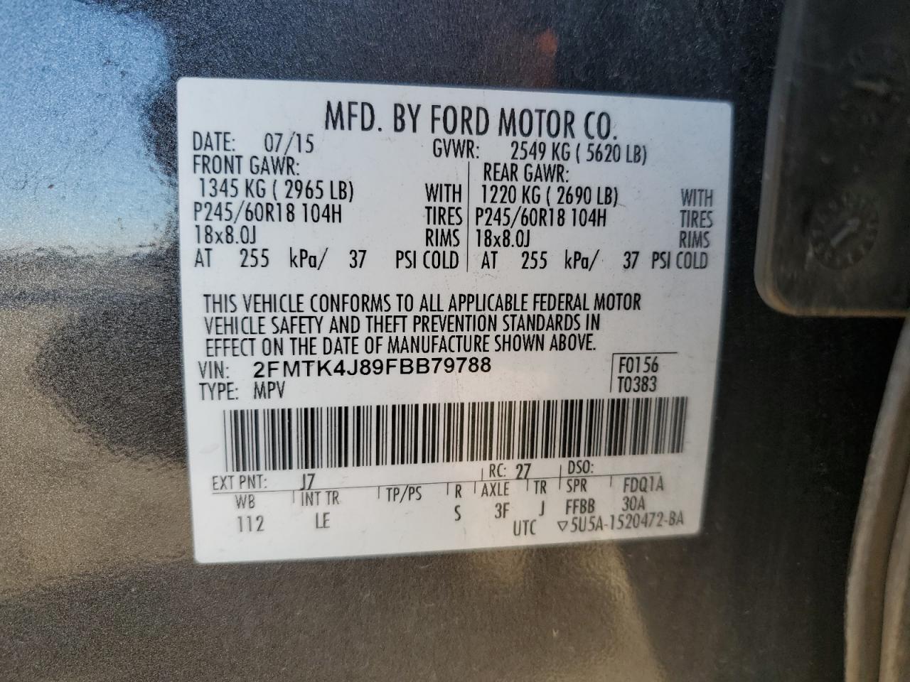 2015 Ford Edge VIN 2FMTK4J89FBB79788 Copart auction photo, front end / top/roof damage thumbnail 13