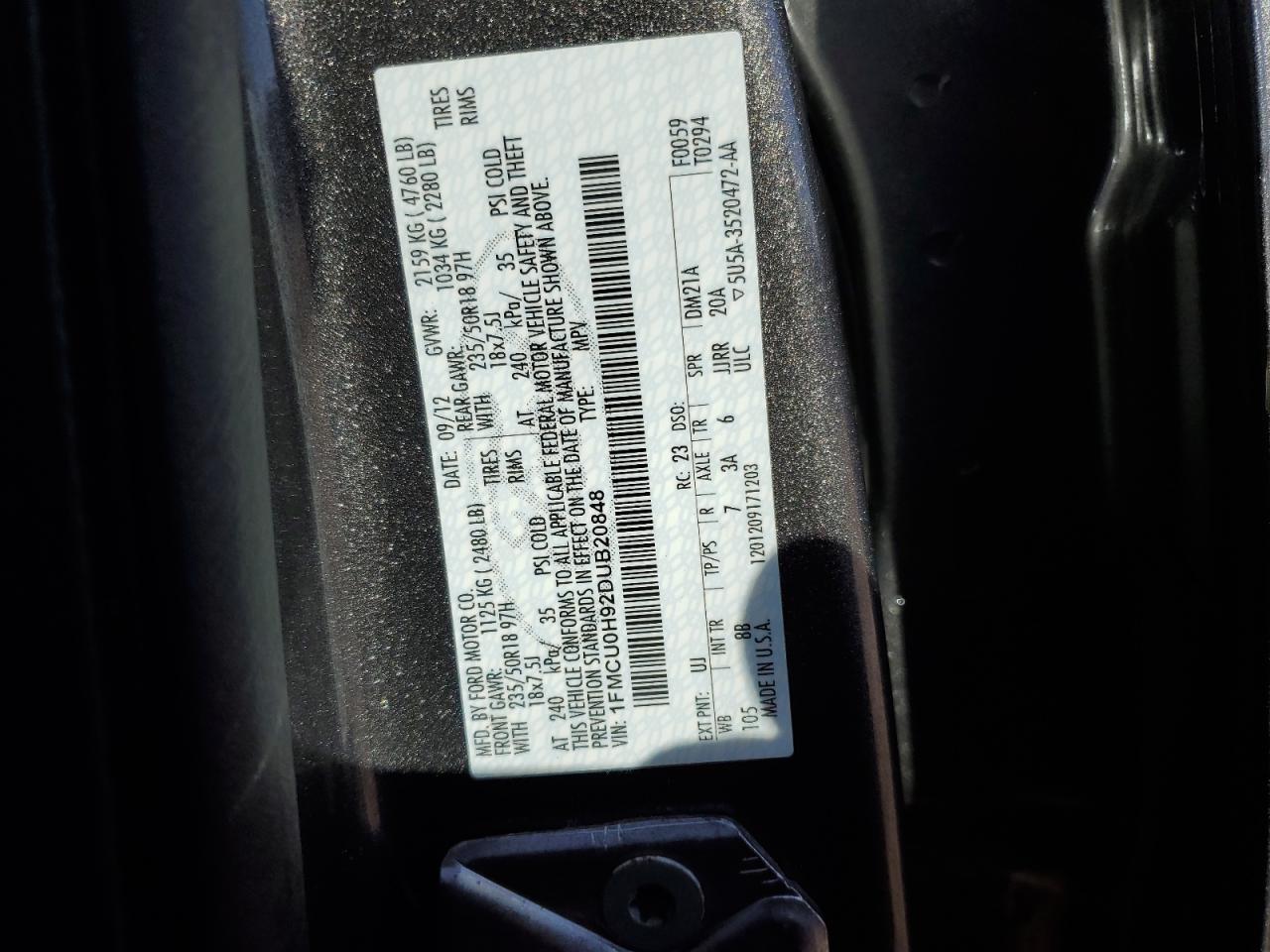2013 Ford Escape VIN 1FMCU0H92DUB20848 Copart auction photo, front end / mechanical damage thumbnail 16