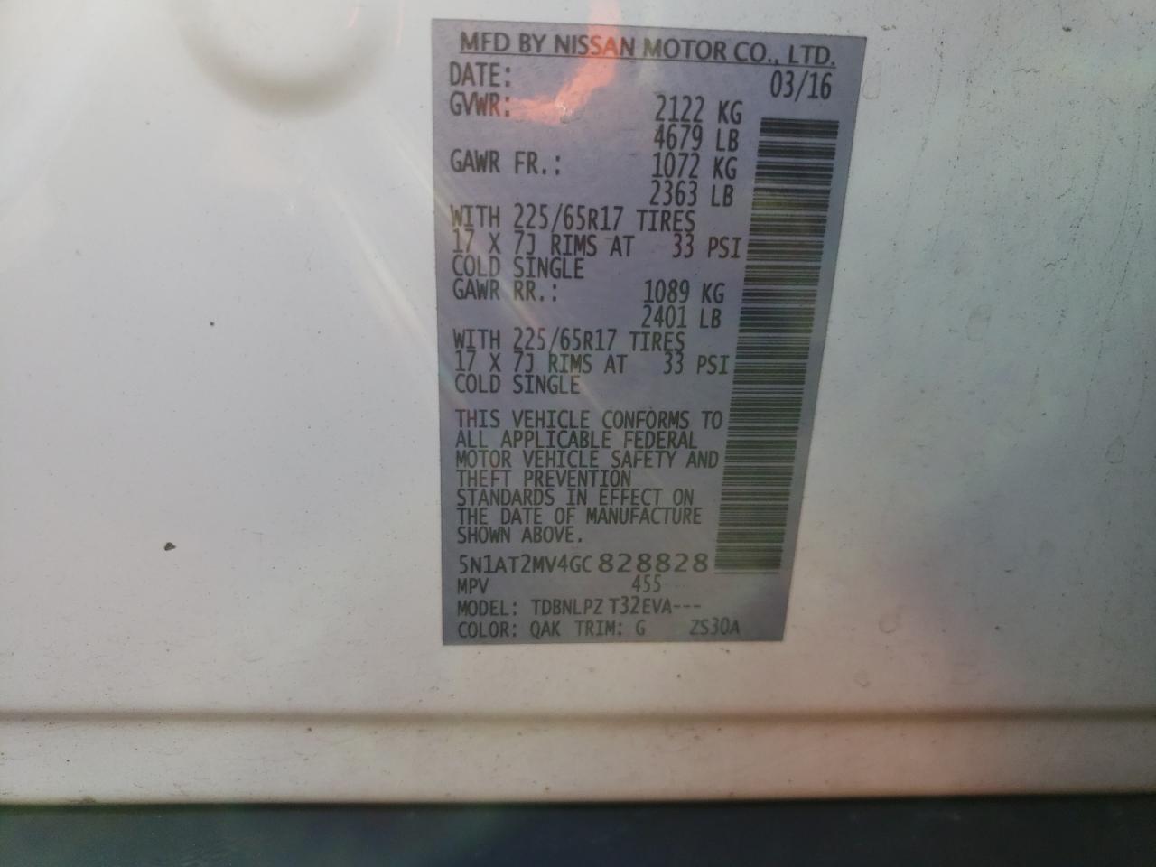 2016 Nissan Rogue VIN 5N1AT2MV4GC828828 Copart auction photo, front end damage thumbnail 13