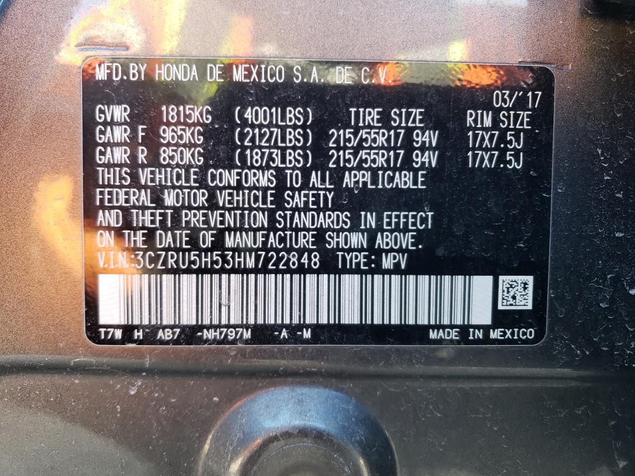 2017 Honda HR-V VIN 3CZRU5H53HM722848 Copart auction photo, side / front end damage thumbnail 13