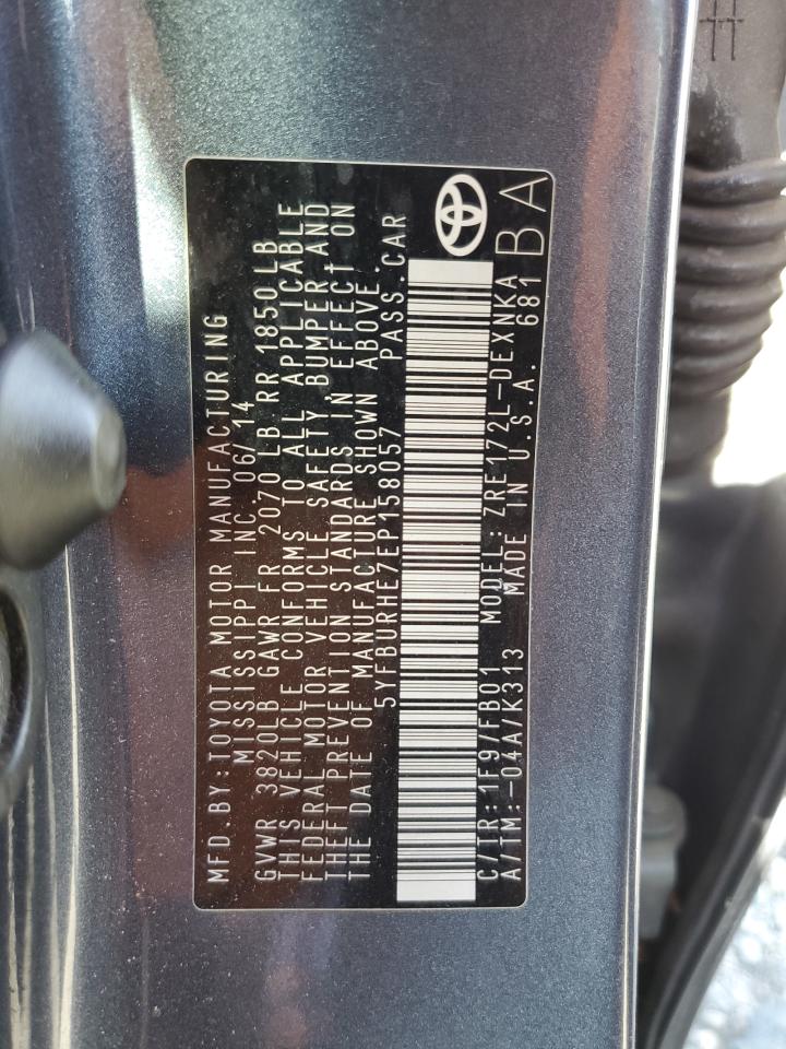 2014 Toyota Corolla VIN 5YFBURHE7EP158057 Copart auction photo, front end / side damage thumbnail 12