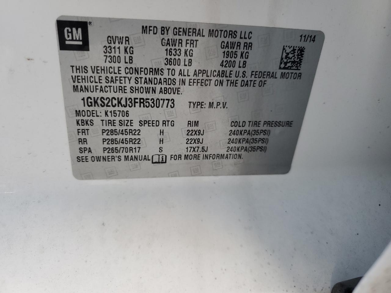 2015 GMC Yukon VIN 1GKS2CKJ3FR530773 Copart auction photo, front end / side damage thumbnail 16