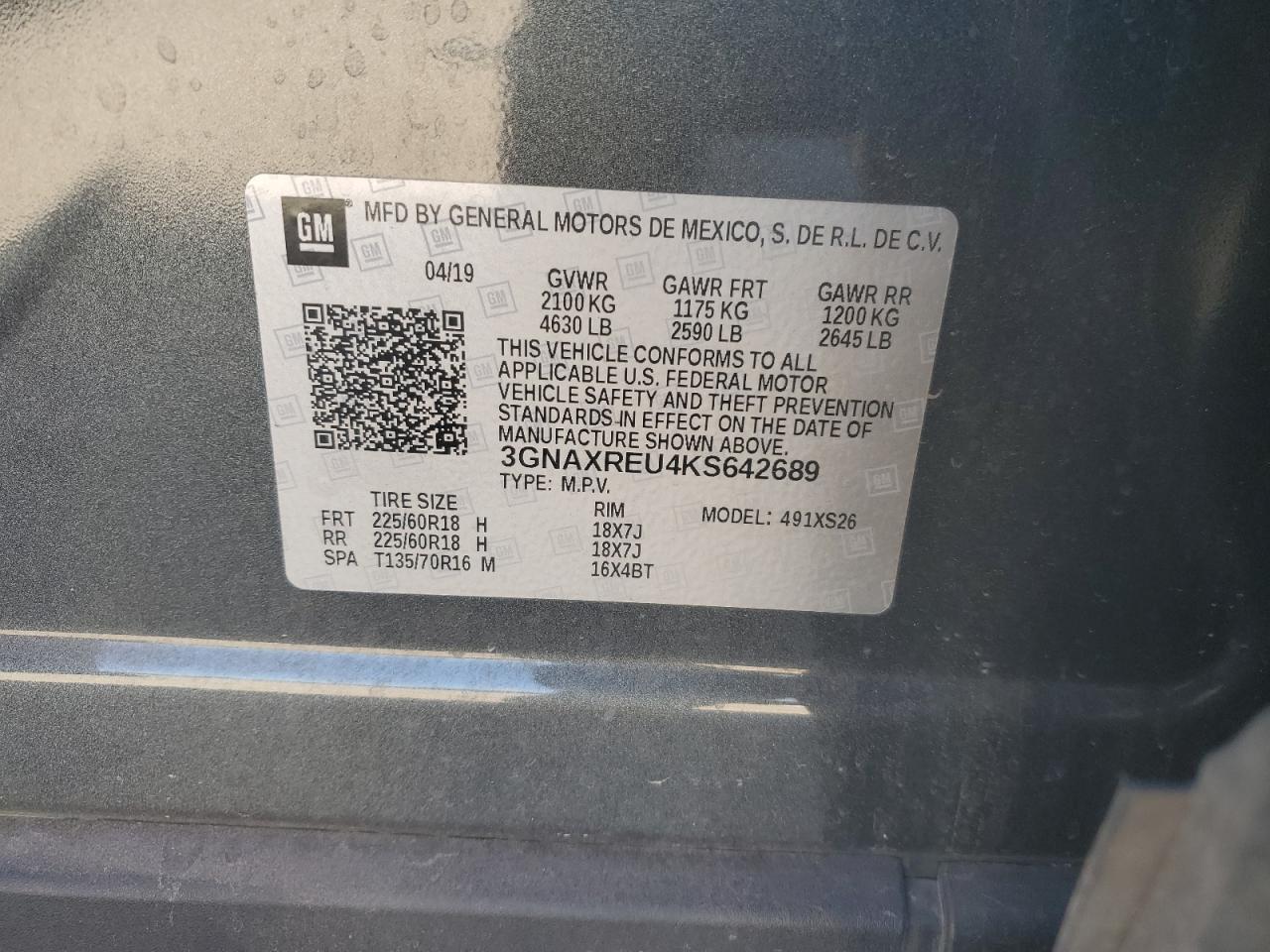 2019 Chevrolet Equinox VIN 3GNAXREU4KS642689 Copart auction photo, front end damage thumbnail 15
