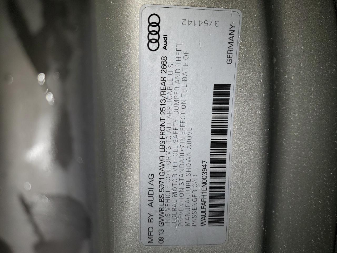 2014 Audi A5 VIN WAULFAFH1EN003947 Copart auction photo, front end damage thumbnail 12