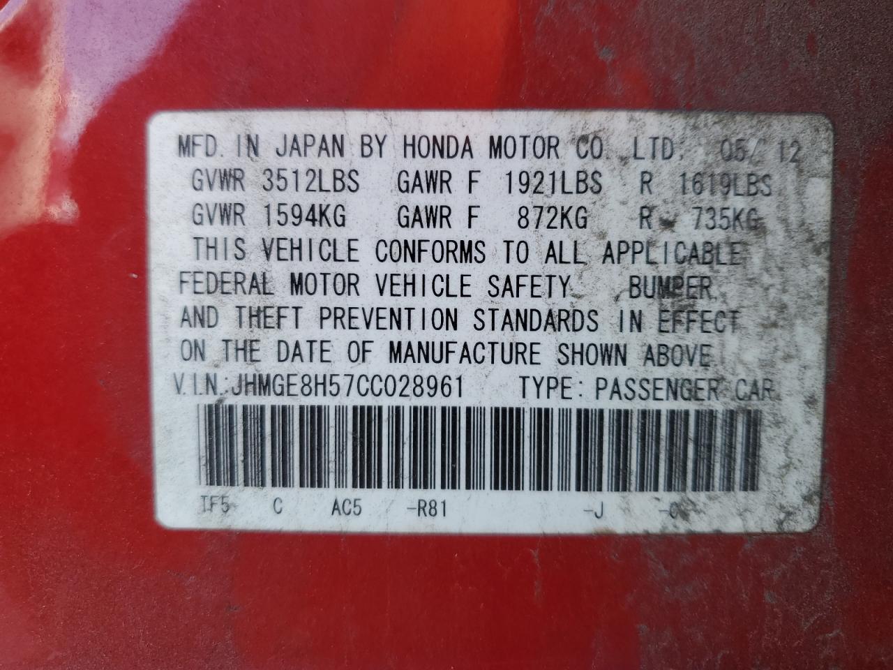 2012 Honda Fit VIN JHMGE8H57CC028961 Copart auction photo, front end damage thumbnail 14