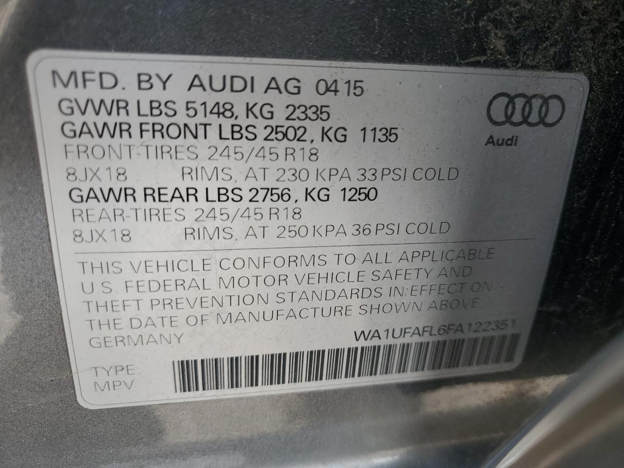 2015 Audi A4 VIN WA1UFAFL6FA122351 Copart auction photo, front end / undercarriage damage thumbnail 12