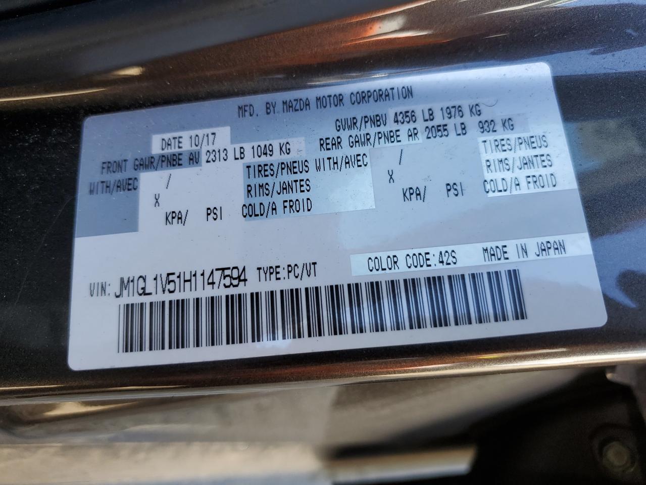 2017 Mazda 6 VIN JM1GL1V51H1147594 Copart auction photo, front end / side damage thumbnail 14
