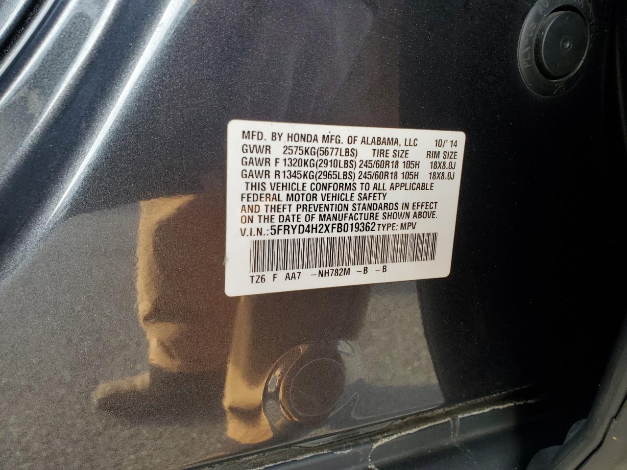 2015 Acura MDX VIN 5FRYD4H2XFB019362 Copart auction photo, side damage thumbnail 13