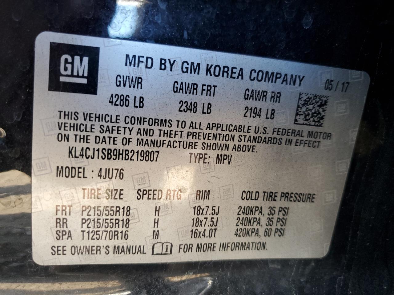 2017 Buick Encore VIN KL4CJ1SB9HB219807 Copart auction photo, side damage thumbnail 12