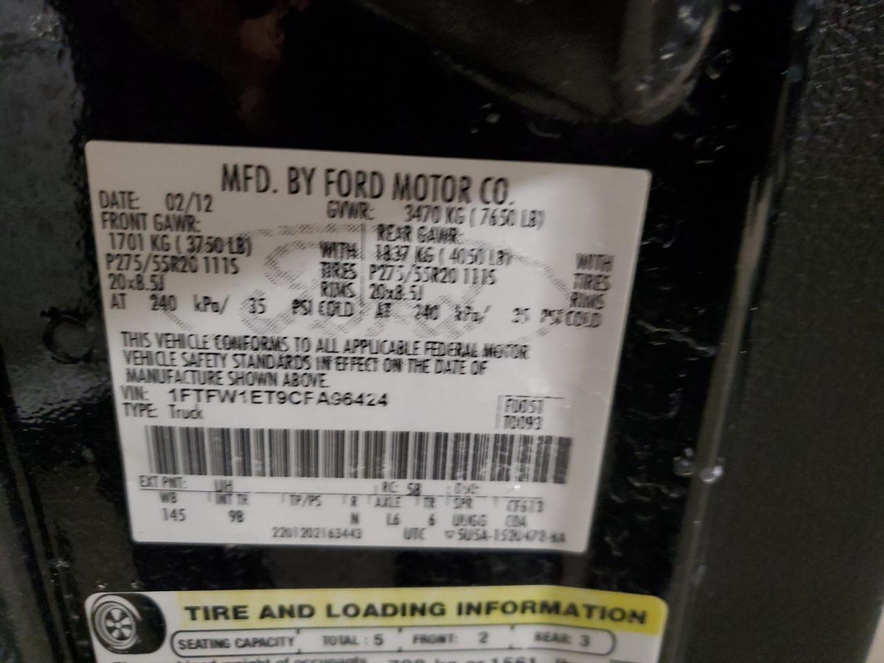 2012 Ford F-150 VIN 1FTFW1ET9CFA96424 Copart auction photo, front end / minor dent/scratches damage thumbnail 12