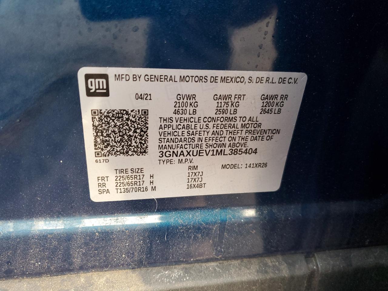 2021 Chevrolet Equinox VIN 3GNAXUEV1ML385404 Copart auction photo, front end damage thumbnail 12