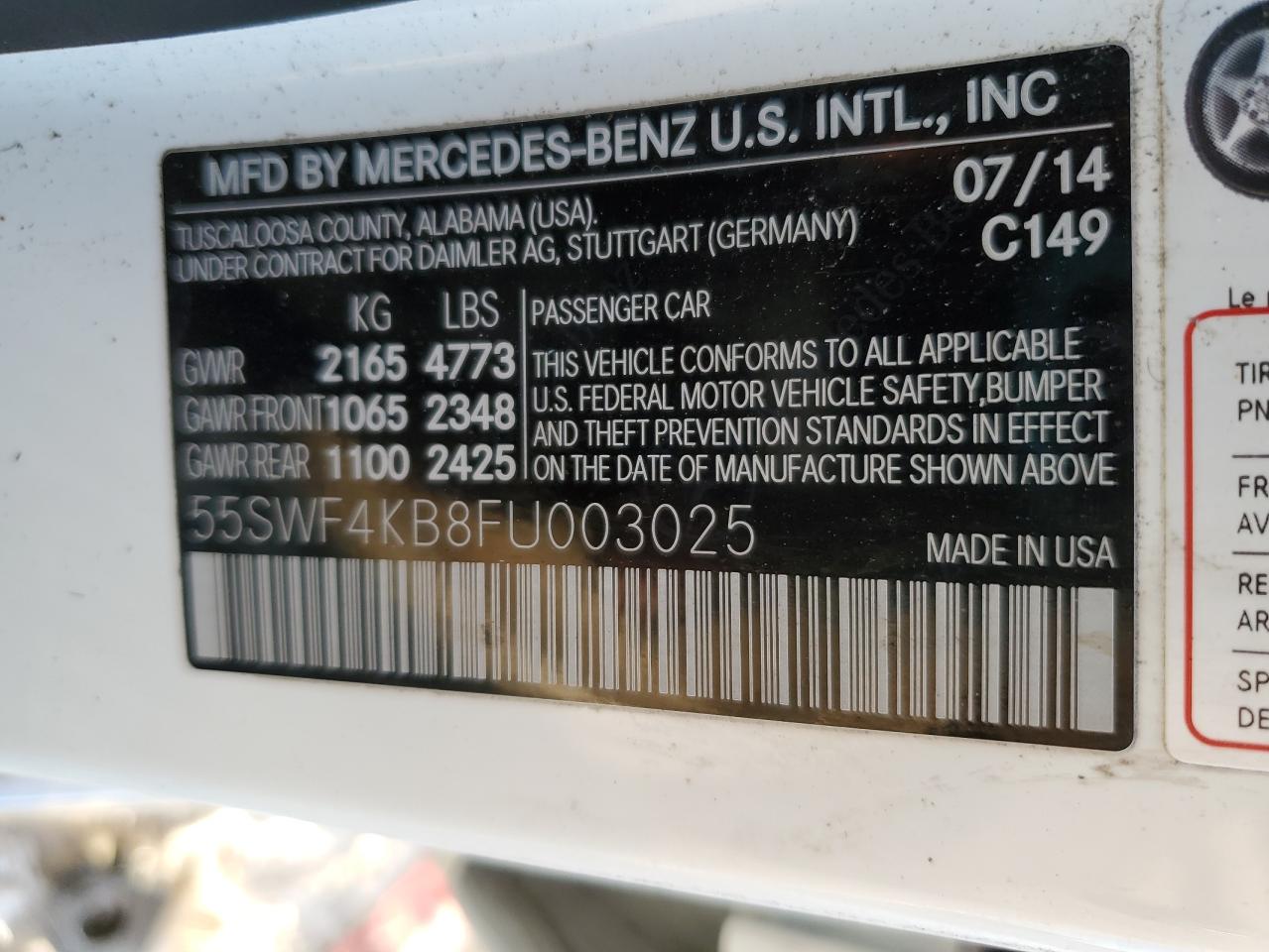 2015 Mercedes-Benz C-klasse VIN 55SWF4KB8FU003025 Copart auction photo, front end / undercarriage damage thumbnail 13