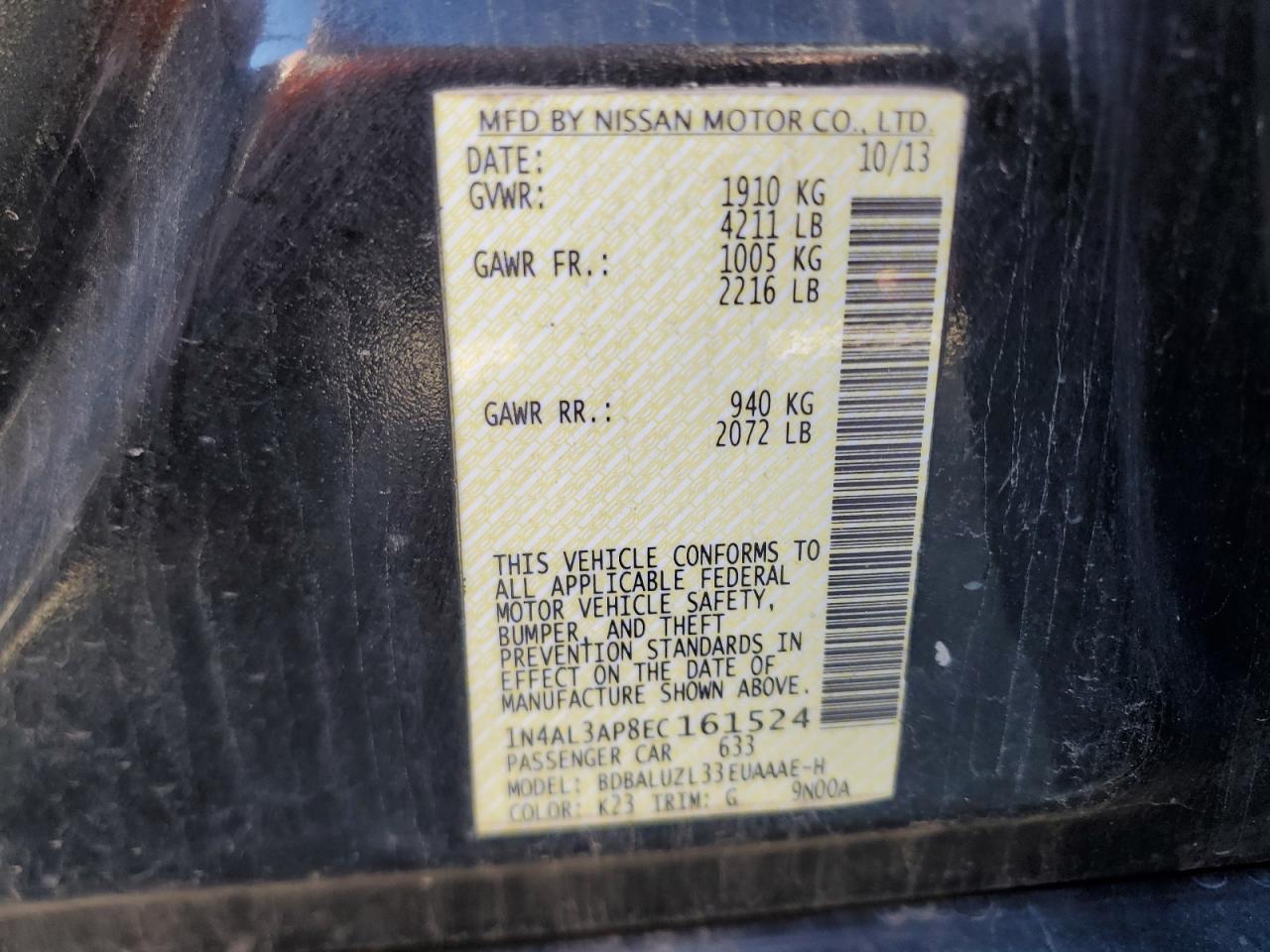 2014 Nissan Altima VIN 1N4AL3AP8EC161524 Copart auction photo, minor dent/scratches damage thumbnail 12