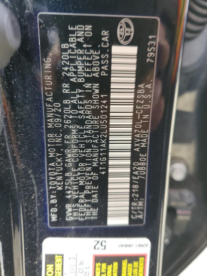 2020 Toyota Camry VIN 4T1G11AK2LU501241 Copart auction photo, front end damage thumbnail 13