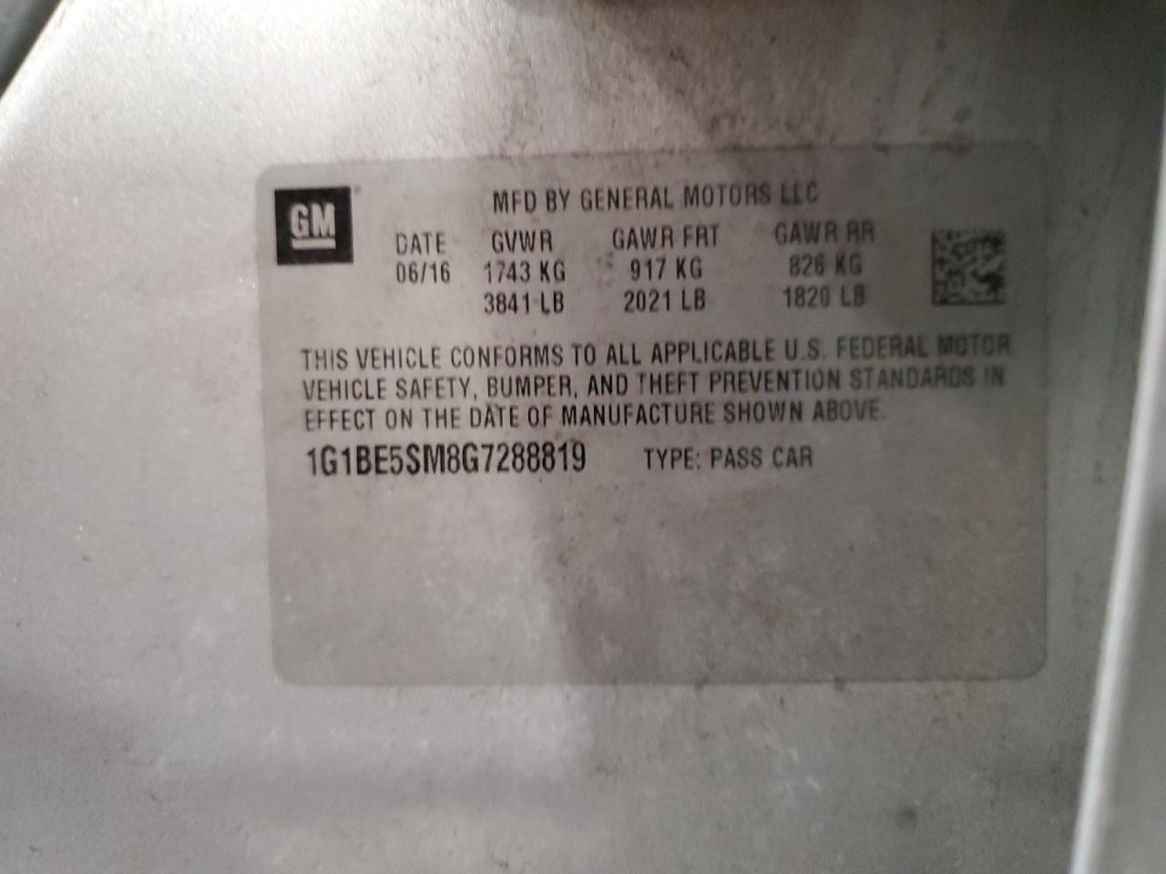 2016 Chevrolet Cruze VIN 1G1BE5SM8G7288819 Copart auction photo, front end / minor dent/scratches damage thumbnail 12